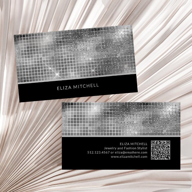 Retro Silver Grau Disco Ball Mirror | QR-Code Visitenkarte (A glam, disco-inspired silver and black business card, with a scannable QR code)