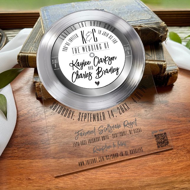 Retro Silver Vinyl Record Music Theme Wedding Arch Acryleinladungen (Retro music black & silver vinyl record album unique arch shape acrylic wedding invitation QR code)