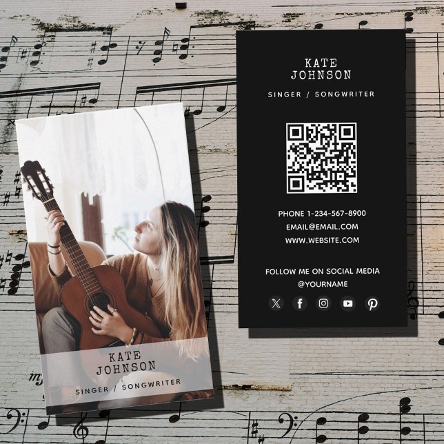 Retro Singer Musician Photo Modern Musical Black Visitenkarte (Retro Singer Musician Photo Modern Musical Black Business Card)