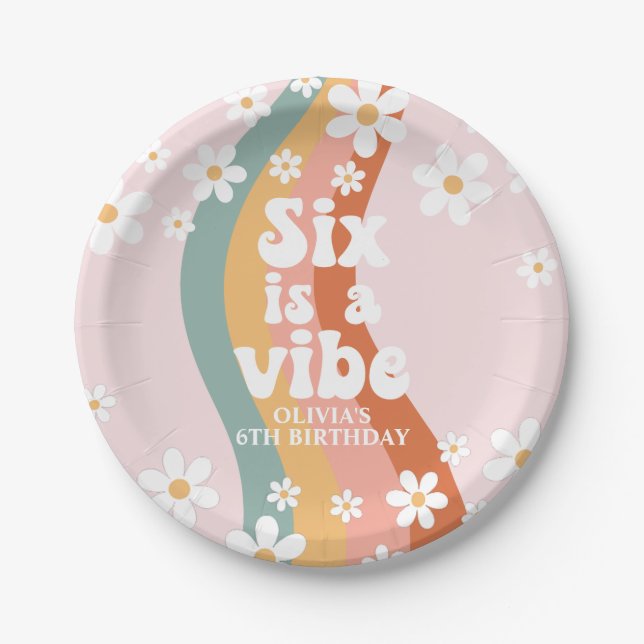 Retro Six ist ein Vibe Rainbow Daisy 6. Geburtstag Pappteller (Vorderseite)