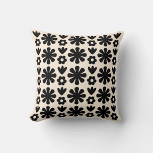 Retro skandinavische Blume Muster Schwarz & Creme Kissen