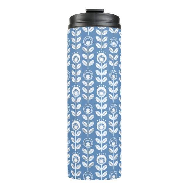 Retro skandinavisches blaues Muster Thermosbecher (Vorderseite)