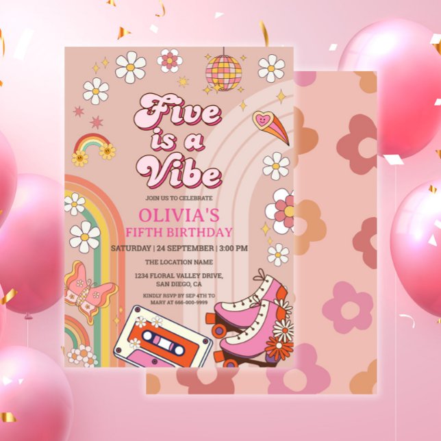 Retro Skate Five ist ein Vibe Groovy zum Geburtsta Einladung (Retro groovy 90s 5th birthday girl party invitation)