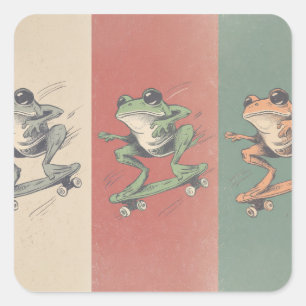 Retro Skate Frosch Trio – Vintage Tier Kunst Quadratischer Aufkleber