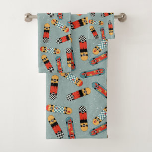 Retro Skateboard Blau Cool Nahtloses Muster Badhandtuch Set