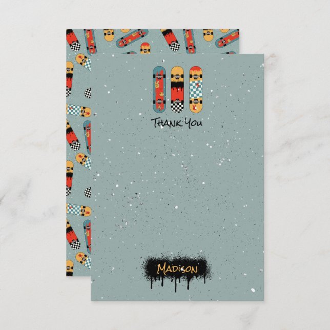 Retro Skateboard Blaue Coole Individuelle Name Kin Dankeskarte (Vorne/Hinten)