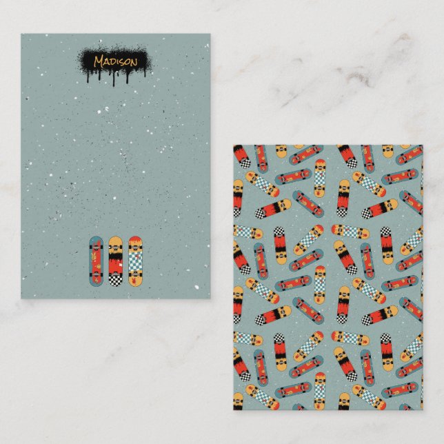 Retro Skateboard Blaue Coole Individuelle Name Kin Mitteilungskarte (Vorne/Hinten)