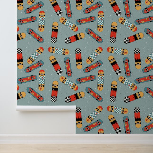 Retro Skateboard Blaues Cooles Muster Kinder Tapete (Anwendung)