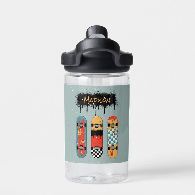 Retro Skateboard Blue Cool Individuelle Name Trinkflasche (Rückseite)