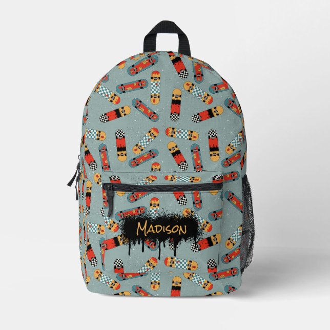 Retro Skateboard Blue Individuelle Name School Bedruckter Rucksack (Vorderseite)