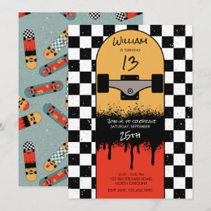 Retro-Skateboard Scheckte Skateboarder Geburtstag Einladung