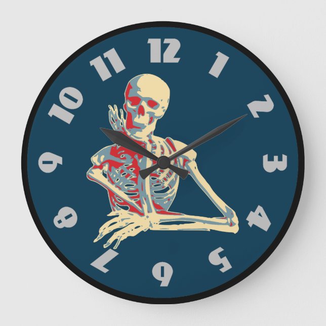 Retro Skeleton, der sein Kinn auf der Hand hält Große Wanduhr (Vorderseite)