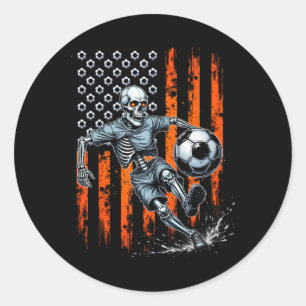 Retro-Skelett spielt Fußball USA-Flagge Grusel-Hal Runder Aufkleber