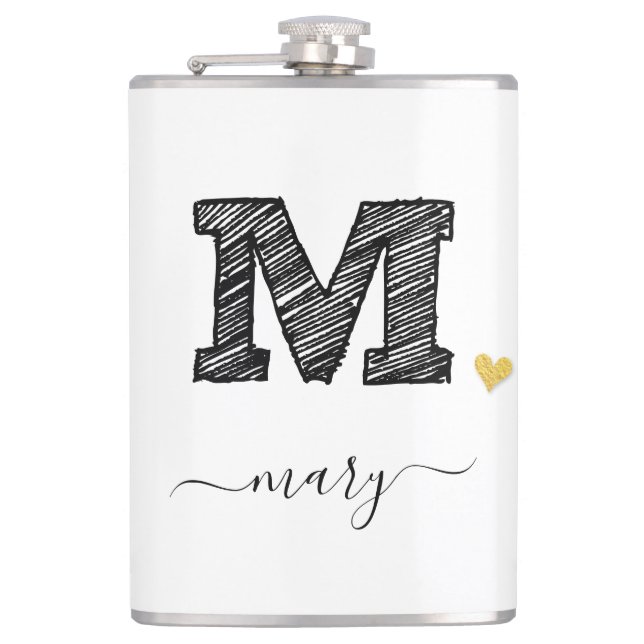 Retro Sketch Monogram Letter M, Flask Flachmann (Vorderseite)