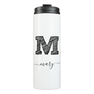 Retro Sketch Monogram Letter M, Thermal Tumbler Thermosbecher