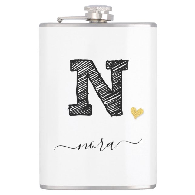 Retro Sketch Monogram Letter N, Flask Flachmann (Vorderseite)