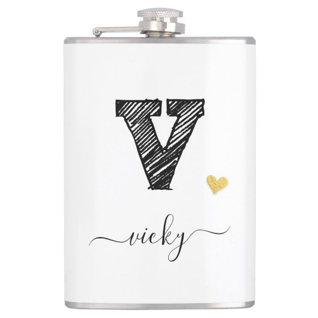 Retro Sketch Monogram Letter V, Flask Flachmann (Vorderseite)