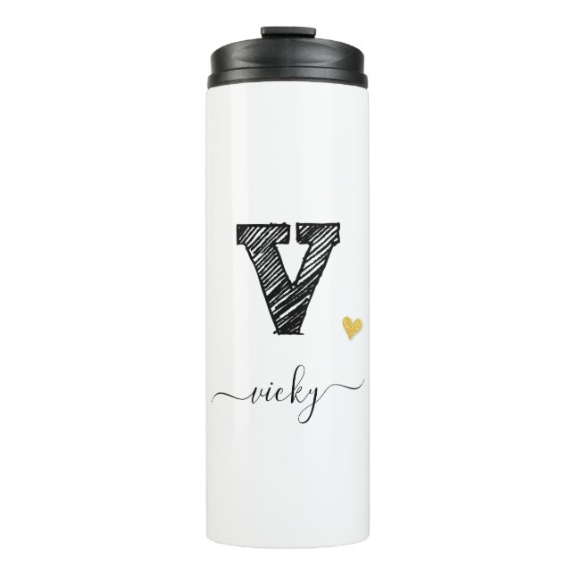 Retro Sketch Monogram Letter V, Thermal Tumbler Thermosbecher (Vorderseite)