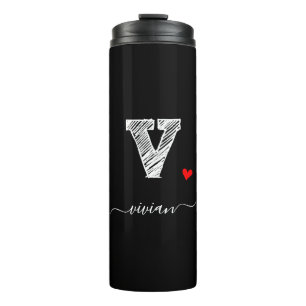 Retro Sketch Monogram Letter V, Thermal Tumbler Thermosbecher
