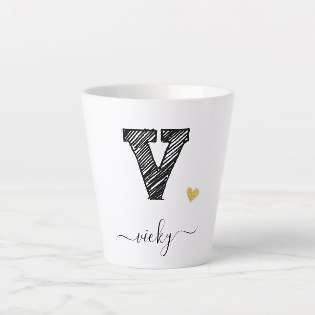 Retro Sketch Monogramm Letter V, Latte Tasse (Vorderseite)