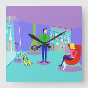 Retro Ski-Ferien-Wanduhr Quadratische Wanduhr