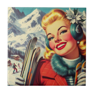 Retro Ski Girl Fliese