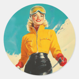 Retro-Ski-Glamour Vintage-Winter-Abenteuer Runder Aufkleber