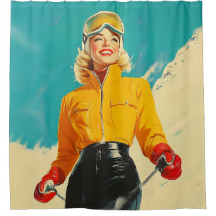 Retro Skifahren Glamour Vintag Winterabenteuer Duschvorhang