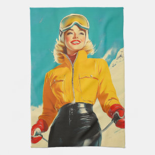 Retro Skifahren Glamour Vintag Winterabenteuer Geschirrtuch