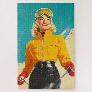 Retro Skifahren Glamour Vintag Winterabenteuer Puzzle