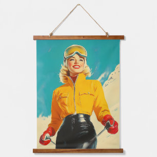 Retro Skifahren Glamour Vintag Winterabenteuer Wandteppich Mit Holzrahmen
