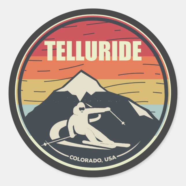 Retro Skiing Telluride Colorado USA Runder Aufkleber (Vorderseite)