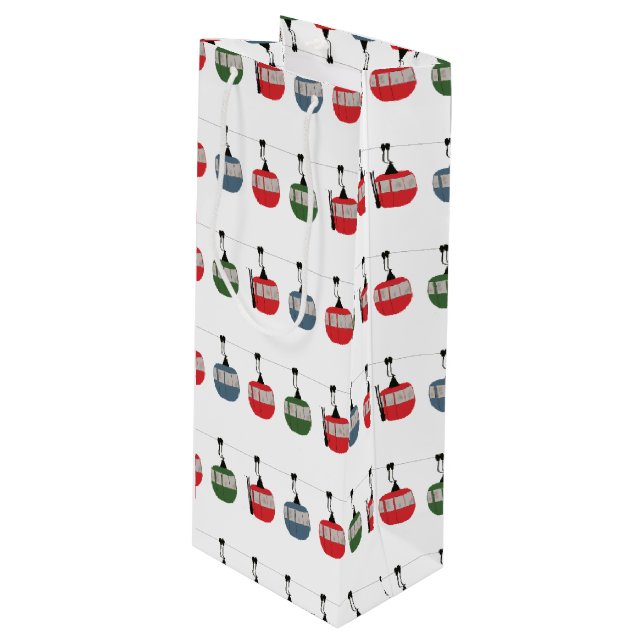 Retro Skilift Illustration Skier Geschenktüte Für Weinflaschen (Vorderseite Schrägansicht)
