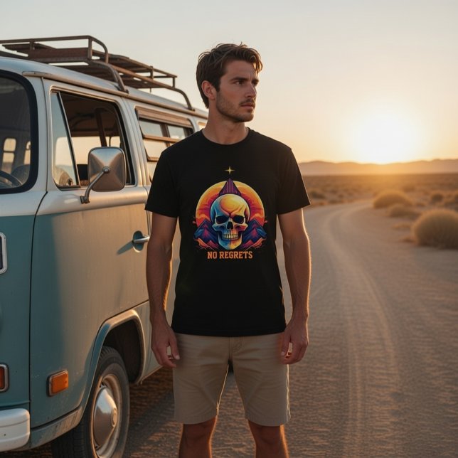 Retro Skull Mountain Sunset No Regrets Graphic T-Shirt (Von Creator hochgeladen)