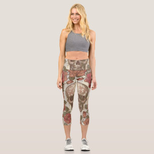 Retro Skulls und Rose Ornament Capri Leggings