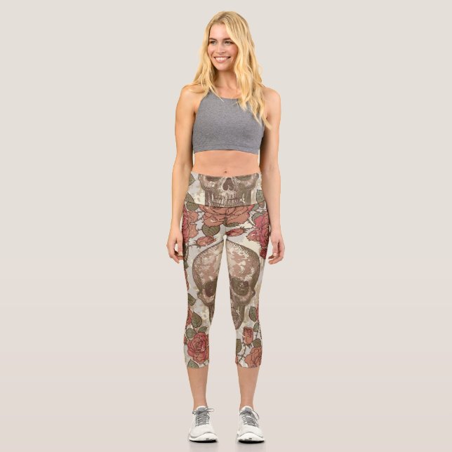 Retro Skulls und Rose Ornament Capri Leggings (Vorderseite)