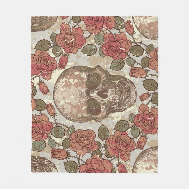 Retro Skulls und Rose Ornament Fleecedecke (Vorderseite)