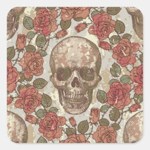 Retro Skulls und Rose Ornament Quadratischer Aufkleber