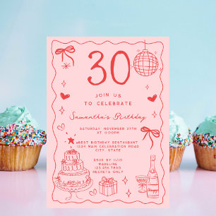 Retro Skurril Eigenwillig Rot Pink 30. Geburtstag Einladung