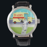 Retro Small Town Milkman Watch Armbanduhr<br><div class="desc">Das Retro Small Town Milkman Watch ist für Sie da, wenn Sie nach einem modernen Design der Mitte des Jahrhunderts suchen! Das minimalistische Design der 60er Jahre besticht durch einen engagierten Milchmann, der seine morgendlichen Runden macht. Der blonde Mann trägt milchig weiße Hosen, Shirt und Hut mit schwarzer Bogen-Krawatte, Gürtel...</div>