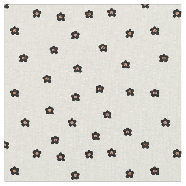 Retro Smiling Flower Pattern in Black and Cream Stoff (Nahaufnahme)