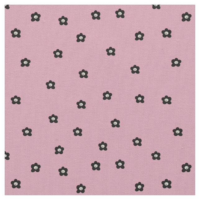 Retro Smiling Flower Pattern in black and Rosa Stoff (Nahaufnahme)