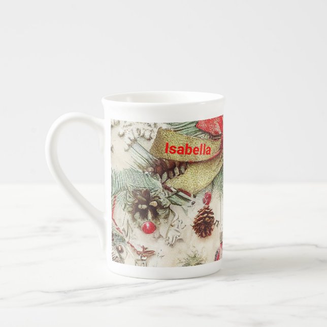 Retro Snow Weihnachten Pinecon Ribbon Design Prozellantasse (Links)