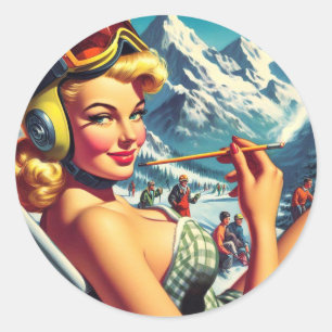 Retro Snowboard Girl Runder Aufkleber