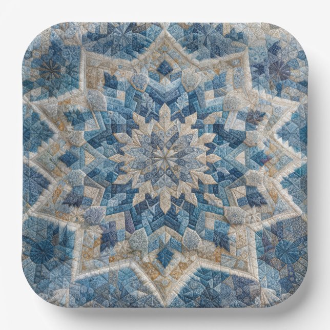 Retro Snowflake Kaleidoscope Quilt Pappteller (Vorderseite)