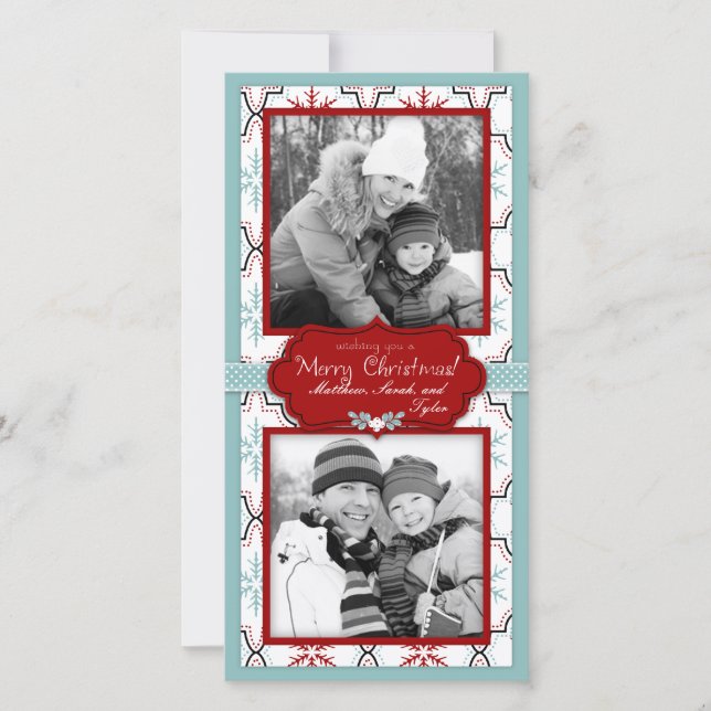 Retro Snowflakes Foto Card Duo Feiertagskarte (Vorderseite)