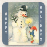 Retro Snowman and Elf Christmas Getränkeuntersetzer<br><div class="desc">This Holiday Drink Coaster,  one of Santa's elves holds a lighted candle up for a snowman to see in this delightful Victorian era art image. Very Cute! Be sure to see the matching products in our store. Celebrate the Holidays the old fashioned way!</div>