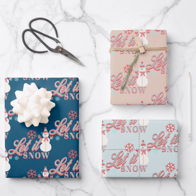 Retro Snowman Let It Snow Typografie Weihnachten Geschenkpapier Set (Vorderseite)