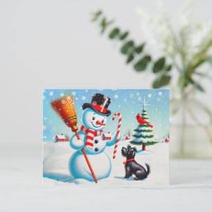 Retro Snowman, Niedlicher Hund, roter Kardinal und Postkarte