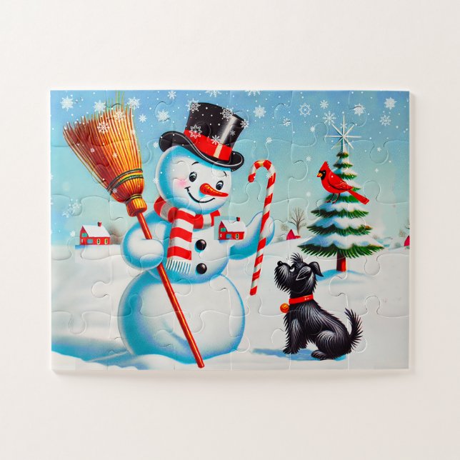 Retro Snowman, Niedlicher Hund, roter Kardinal und Puzzle (Horizontal)